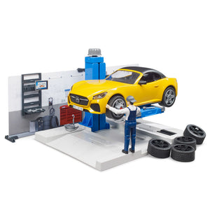 Bruder 62110 taller Mecánico con Auto, Muñeco y Accesorios